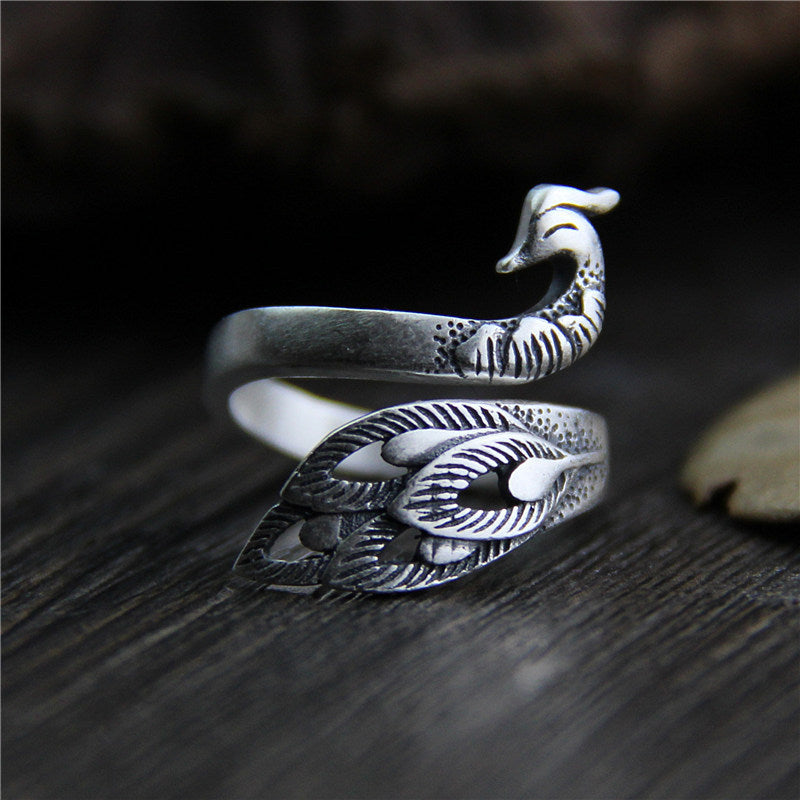 Adjustable Material Opening Silver Peacock Animal Zodiac Ring Fashion Jewelry Gift for Her Vintage Style Sizes