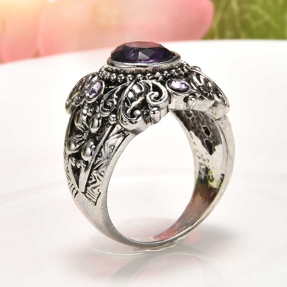 Amethyst Ring Silver Flower Design Retro Thai Style Carved Metal Jewelry For Women And Girls Everyday Wear Gift