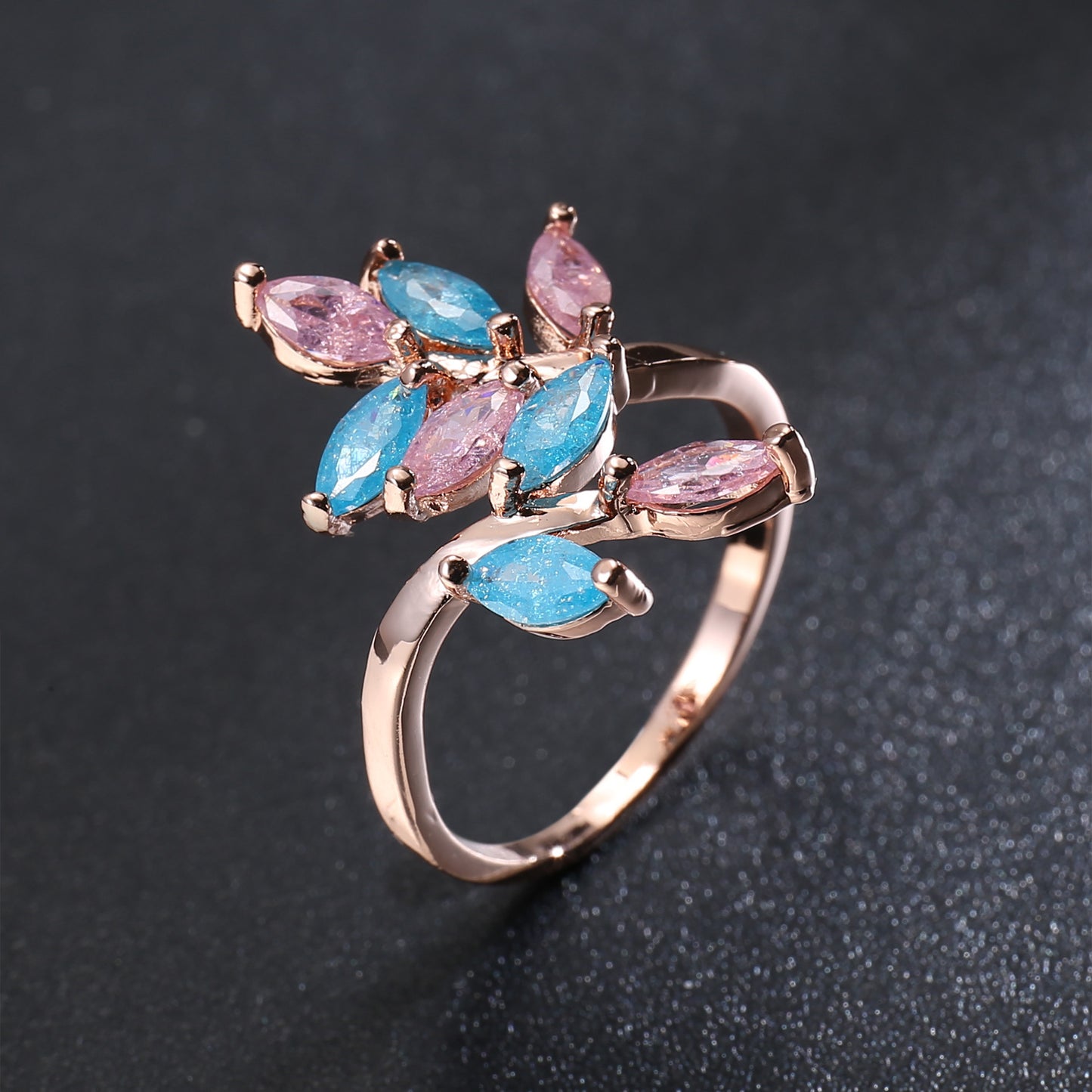 Women Rose Gold Plated Zircon Ring Adjustable Ice Flower Design Pink Blue Gemstone Jewelry Gift An Elegant Gift Idea