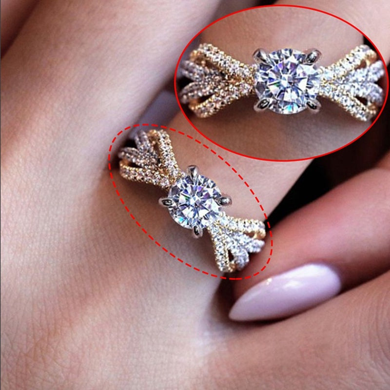 Two Tone Princess Cut Gold Plated Copper Engagement Ring With Artificial Gemstone For Wedding Proposal And Anniversary