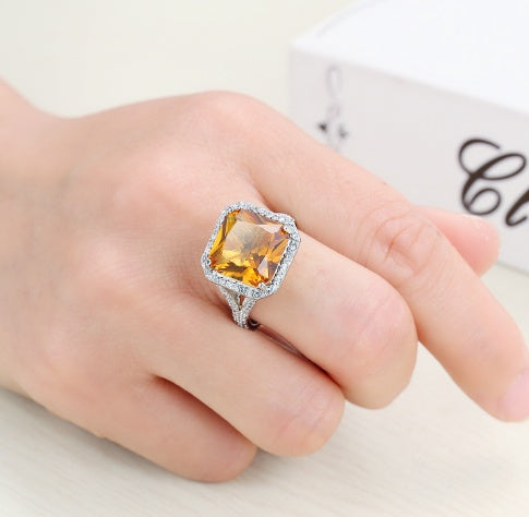 Square Champagne Zircon Ring Platinum Plated Copper Ladies Jewelry For Women And Girls Elegant Sparkle Jewelry