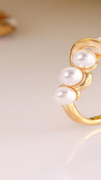 Copper Ring With Pearl Beads Adjustable Opening Geometric Wrap Design Electroplated Finish Jewelry Ring Styles