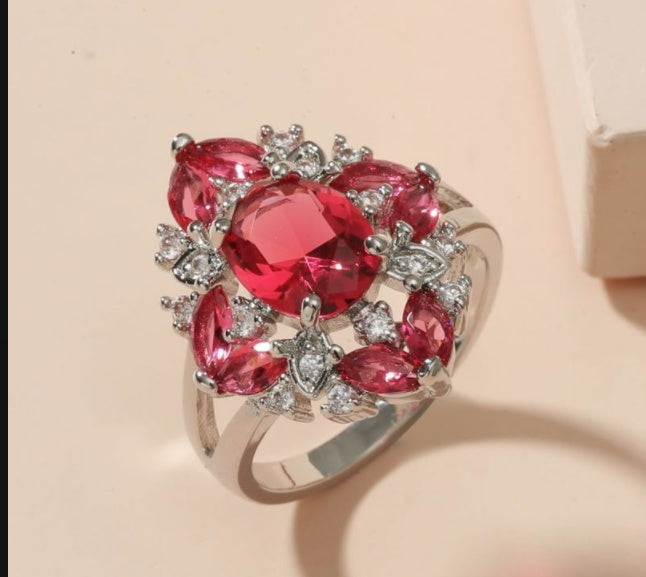 Blue Gemstone Ring Copper Zircon Geometric Silver Plated