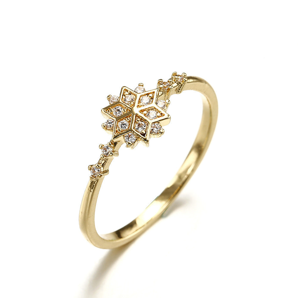 Womens Snowflake Ring Geometric Design Copper Gold Plated Inlaid Gem Ring Holiday Gift Idea For Fashion Lovers