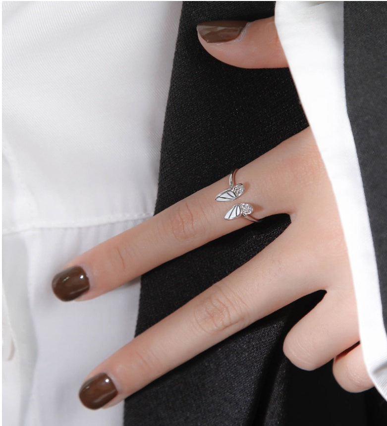 Womens Butterfly Ring Adjustable Zirconia Copper White Gold Plated Fashion Jewelry Elegant Dainty Gift for Her