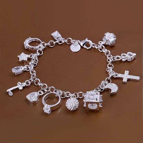 Silver Plated Fashion Bracelet With Thirteen Hanging Charms Elegant Design Alloy Base 21 Cm Length Daily Style On Trend