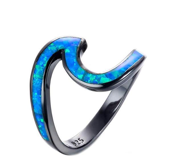 Womens Heart Ring Gold Plated Black Opal And White Ocean Wave Design Heart Shaped Jewelry For Women Size 5 To 10