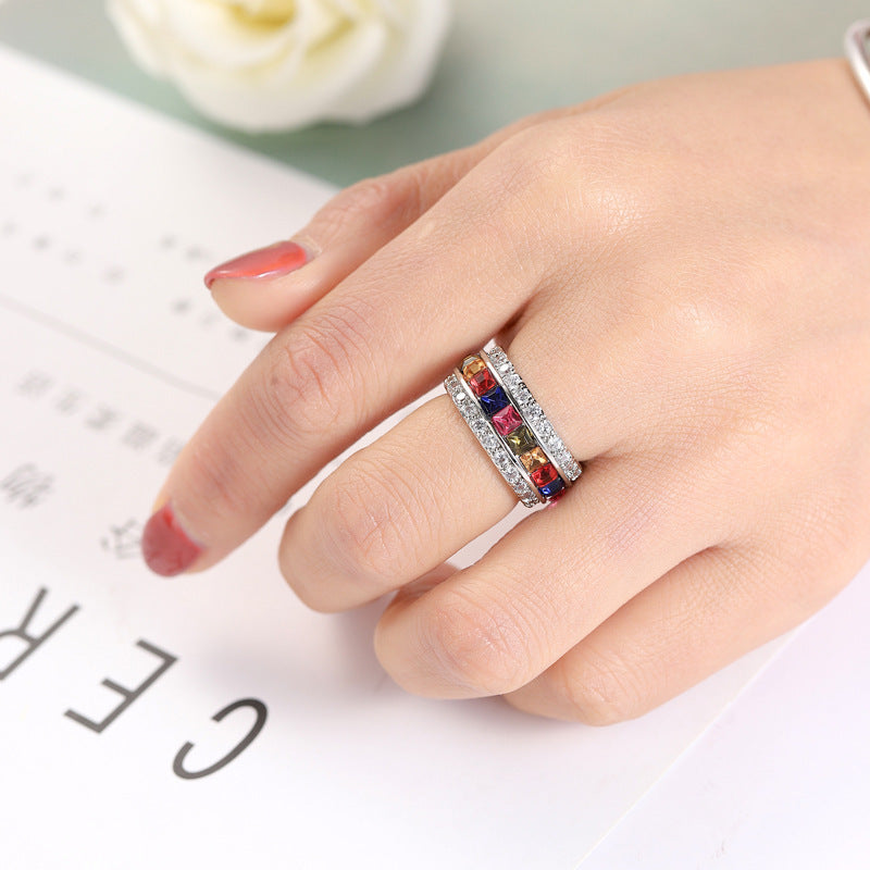 Unisex Zircon Ring Copper Jewelry Platinum Plated Light Sea Blue Gemstone Inlaid European American Design Gift