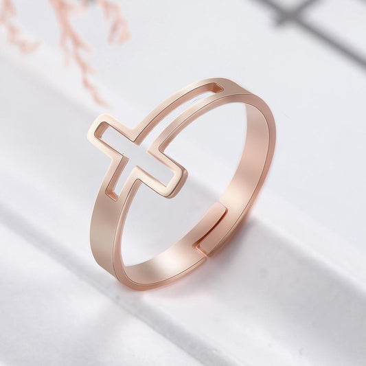 Womens Stainless Steel Cross Ring Adjustable Open Band Fashion Jewelry Gold White Rose Gold Colors Gift Birthday