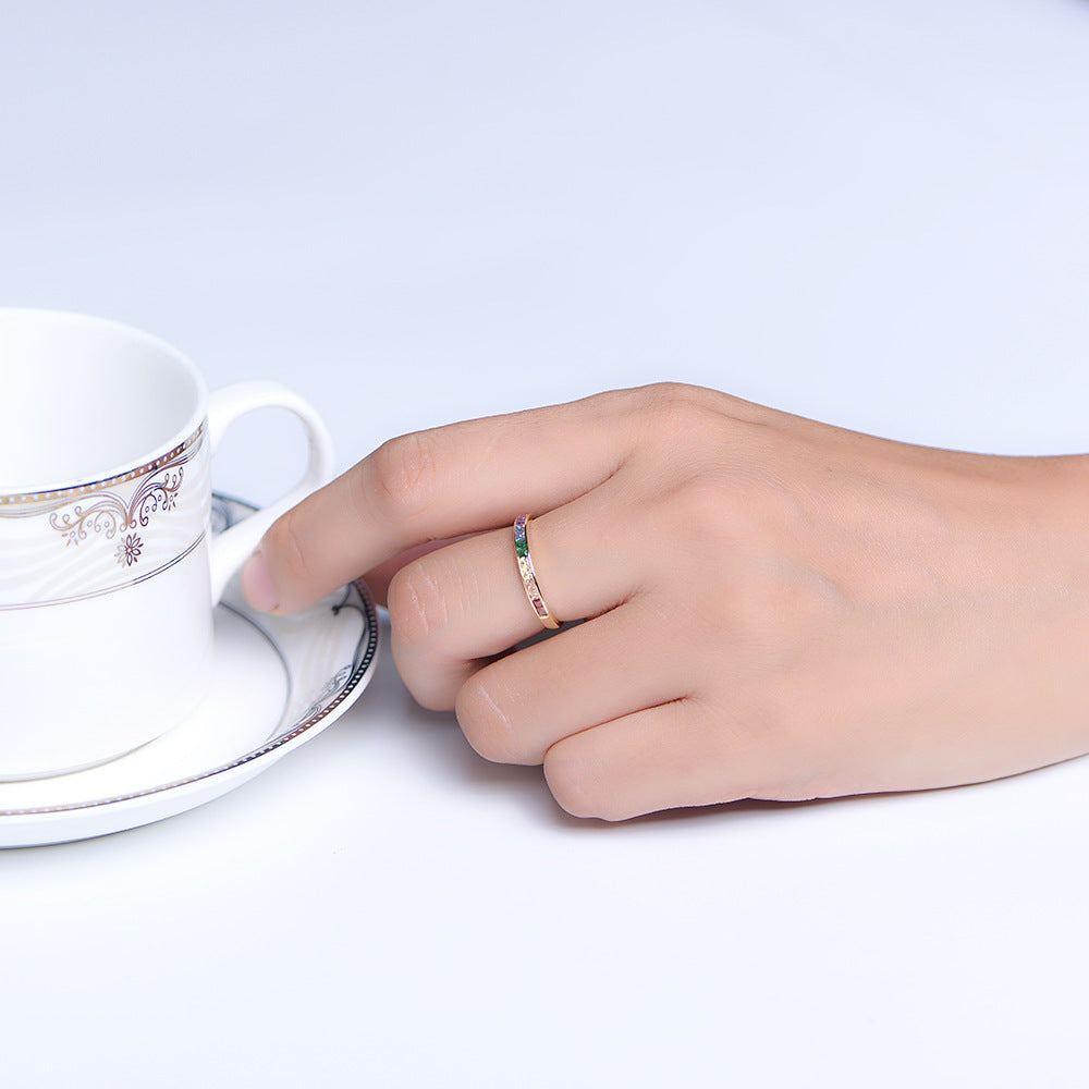 Sterling Silver Rainbow Zircon Ring Micro Set Square With Geometric Diamond Cut Design For Women Elegant Style