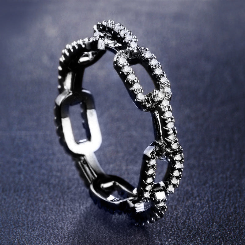 Zircon Inlaid Lock Chain Ring Gold Plated Copper Geometric