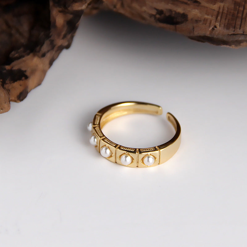 Womens Sterling Silver Ring with Checkered Pearl Adjustable Opening Size 13 Lightweight 2.56 Grams Champagne Gold Tone