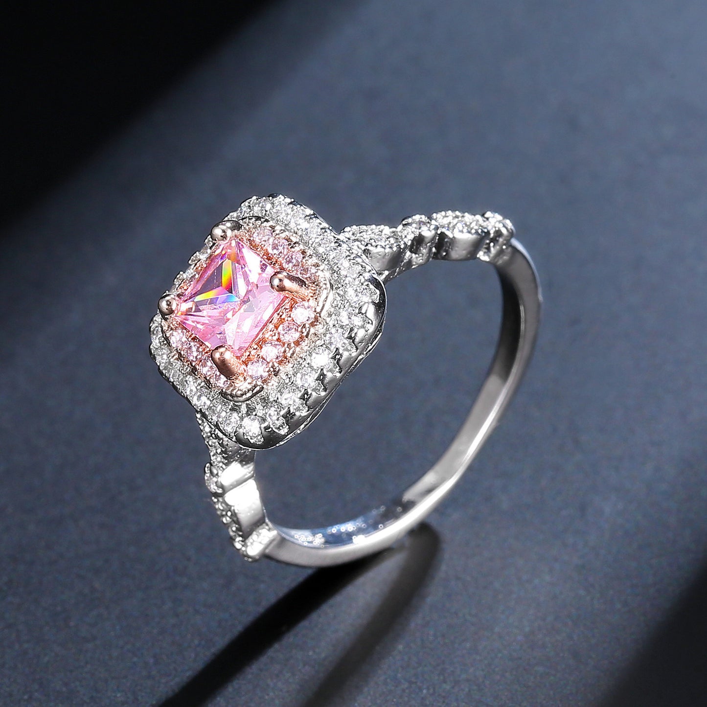 Sterling Silver Pink Diamond Ring Square Cut Women Wedding