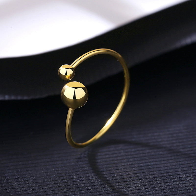 Womens S925 Silver Ring Asymmetric Round Bead Glossy Retro Geometric Metal Adjustable Opening Ring 14K Gold Plated