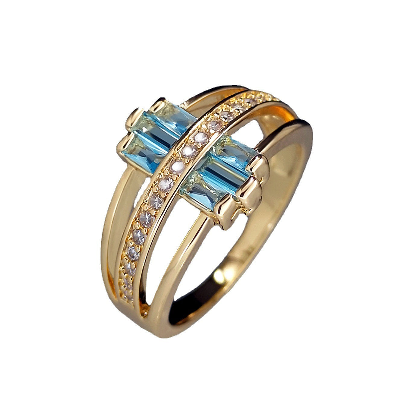 Zircon Sea Blue Topaz Ring Copper Gold Tone Geometric Inlaid Jewelry For Her Elegant Durable Accessory Jewelry