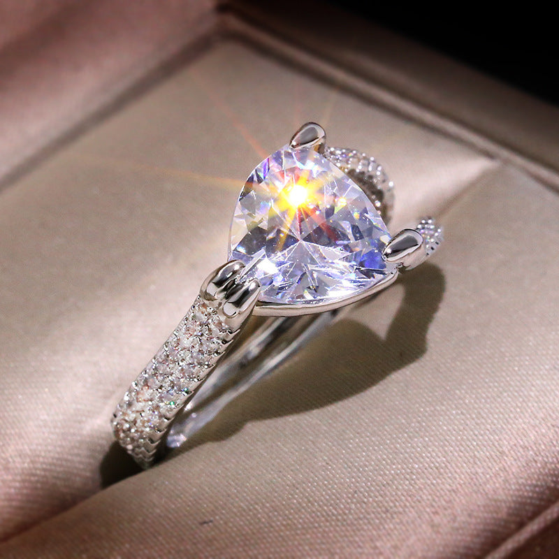 Brass And Electric White Steel Heart Shaped Ring With Diamond Inlays And Semi Precious Stones Elegant Gift For Brides