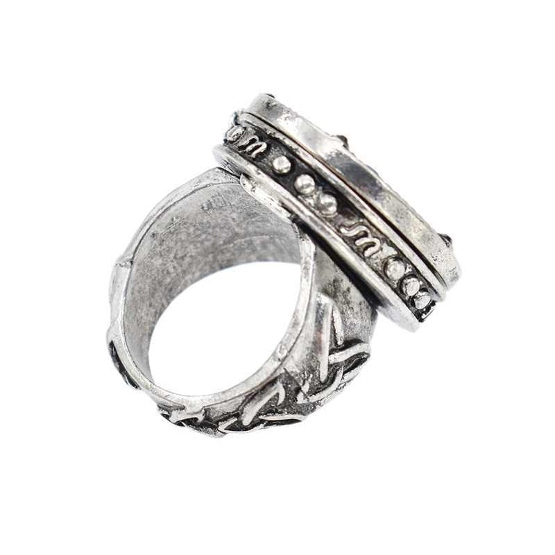 Alloy Metal Ring With Black Gemstone Accent Ancient Silver Finish Five Star Treasure Box Ring For Women And Girls