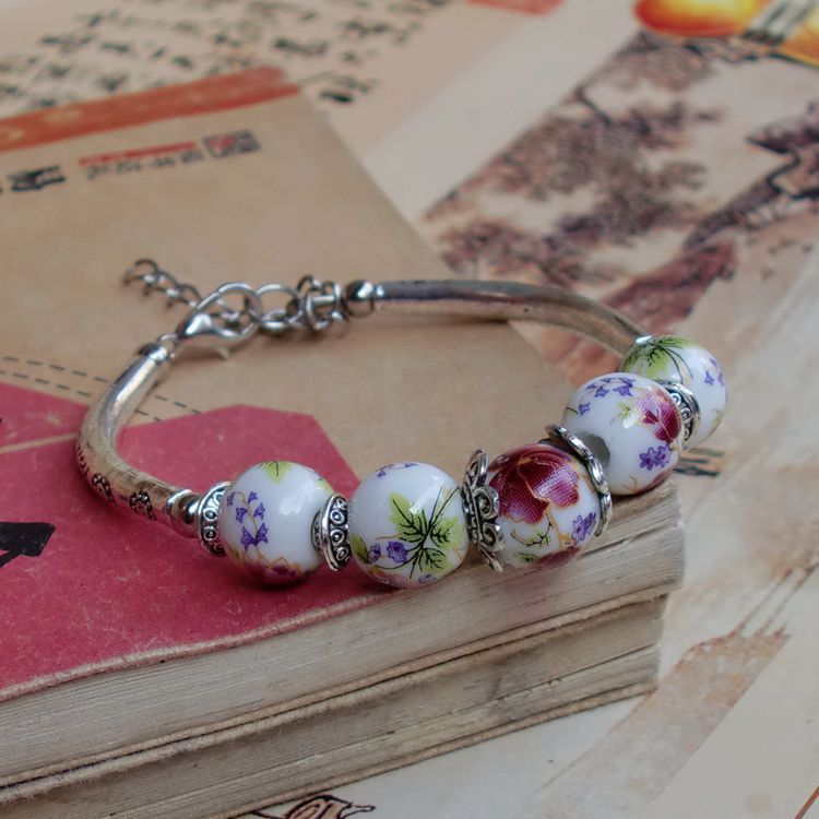 Handmade Porcelain Bracelets Blue And White Ceramic Jewelry With Alloy Accent Retro Elegant Hand Ornament Gift