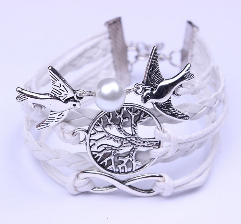 Womens Vintage Braided Bracelet Hand Woven Peace Dove Pearl Life Tree Design Alloy Rope Wristband Jewelry Gift Elegant