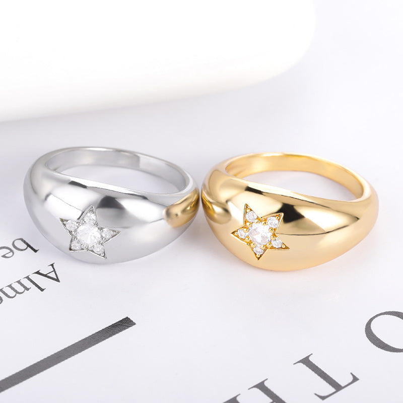 Five Pointed Star Dome Copper Ring Electroplated Gold Fashion Accessory For Everyday Wear Unisex Gift Timeless