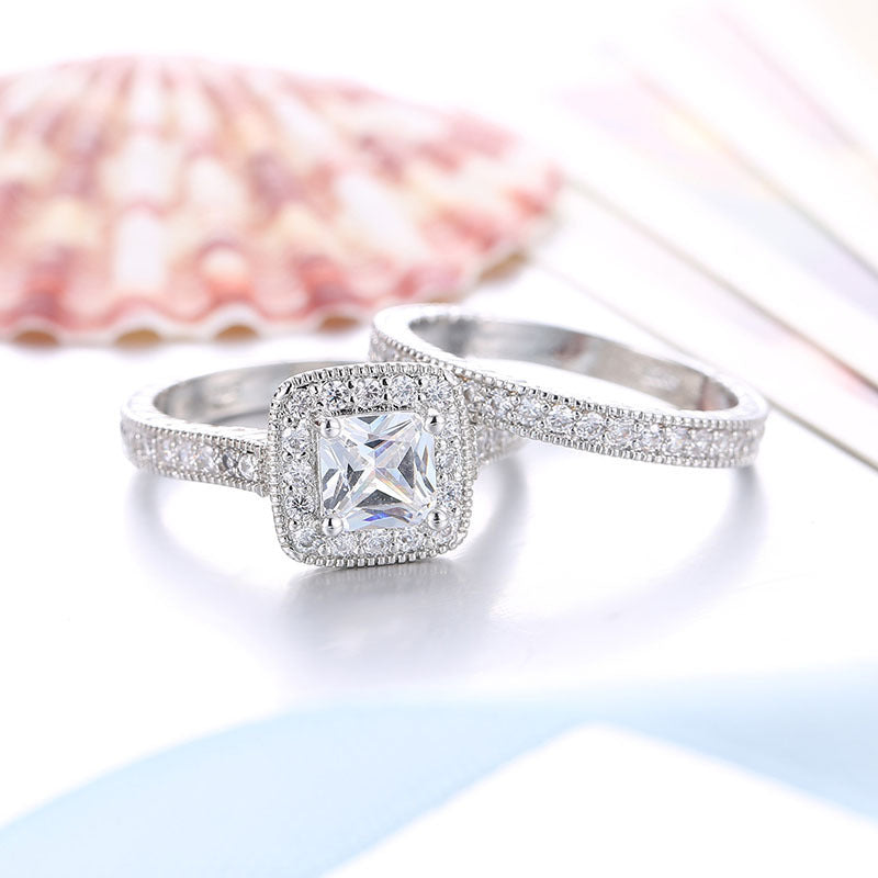 Silver Plated European And American Diamonds Fashion Luxury Couple Square Drill Sparkle For Evening Wear Shine