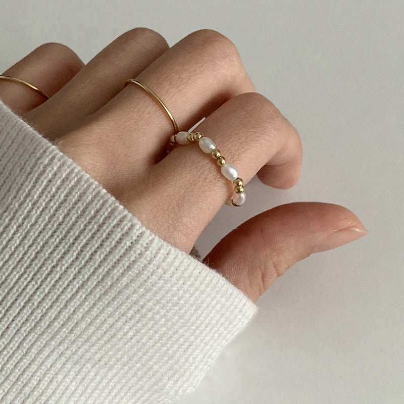 Womens Pearl Ring Geometric Design Electroplated Gold Tone Alloy Jewelry Statement Accessory Elegant Gift For Her