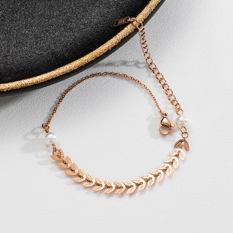 Womens Titanium Steel Bracelet Geometric Wheat Ear Design Pearl Accent Individually Packed Fashion Jewels Gift