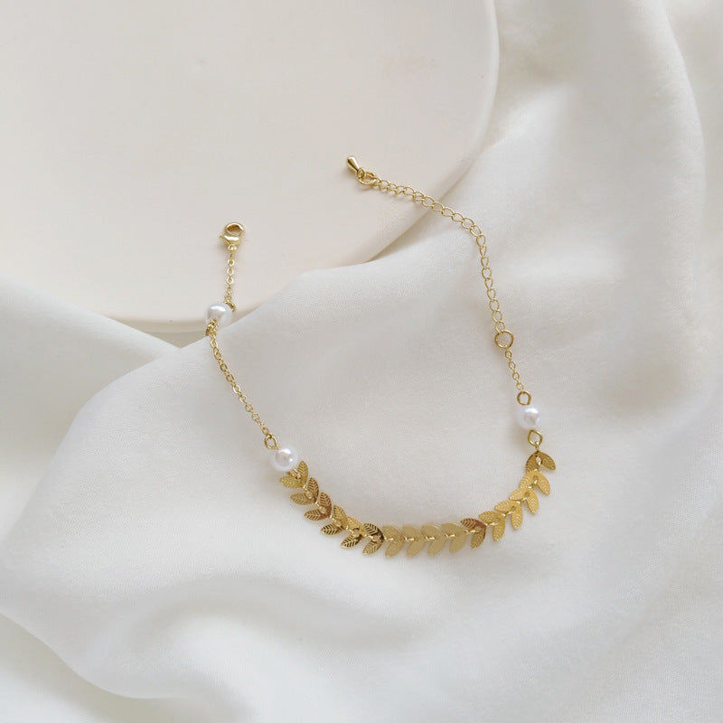 Womens Titanium Steel Bracelet Geometric Wheat Ear Design Pearl Accent Individually Packed Fashion Jewels Gift