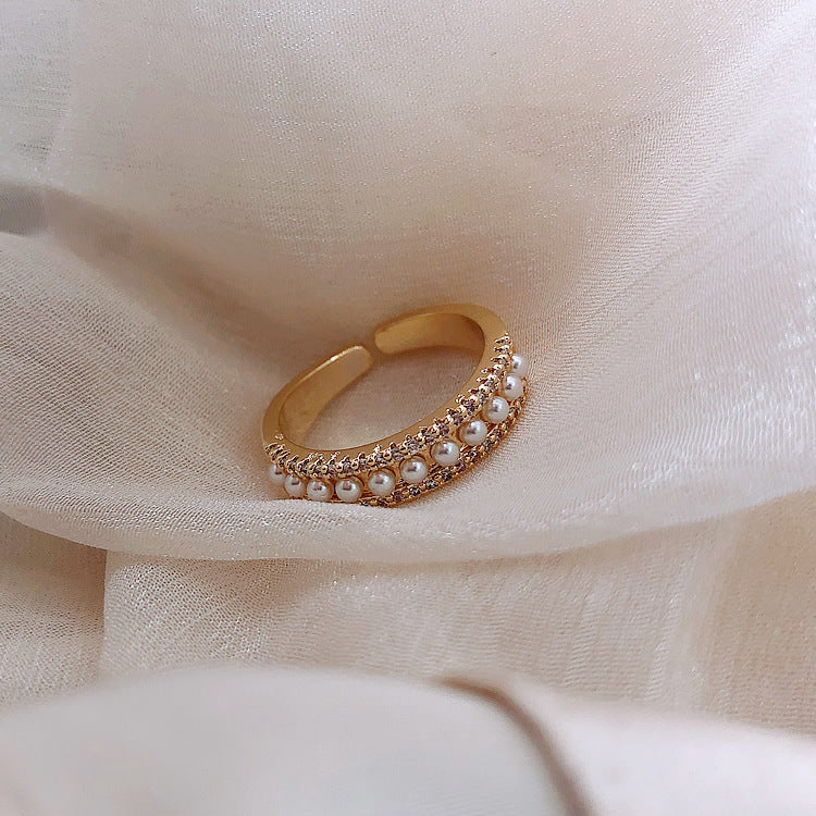 Gold Color Preserving Plating Korean Diamond Pearl Ring Adjustable Open Band Womens Jewelry Geometric Inlay Alloy Stones