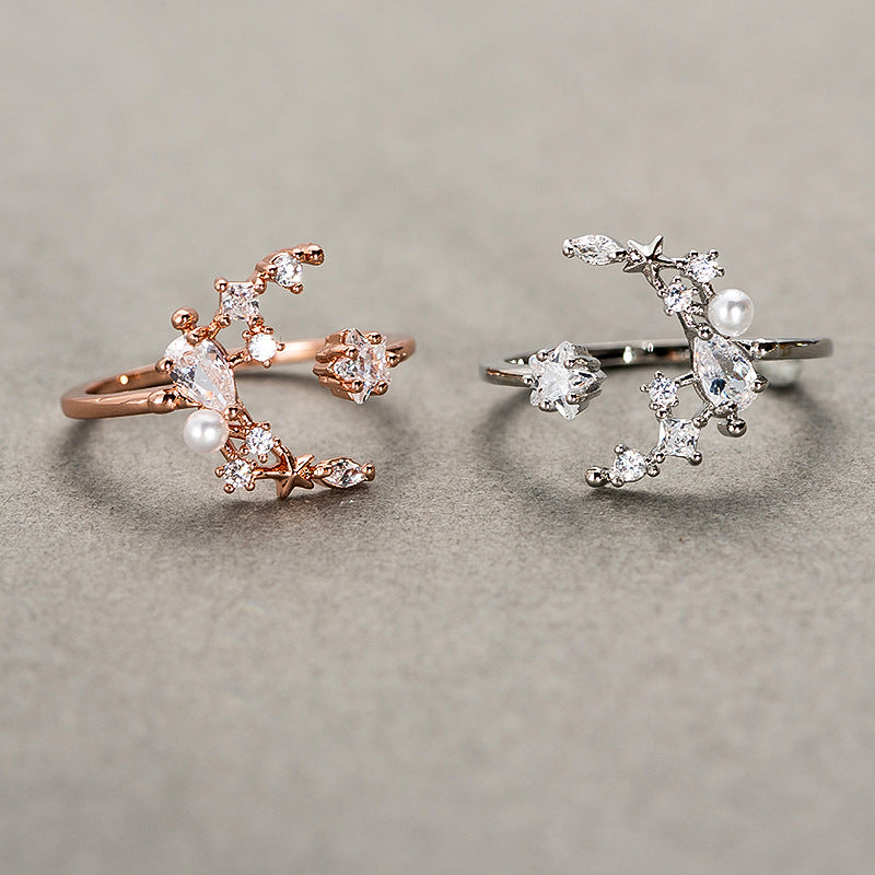 Copper Open Ring With Star And Moon Pentagram Design Gold Plated Adjustable Jewelry For Women With Artificial Gemstones