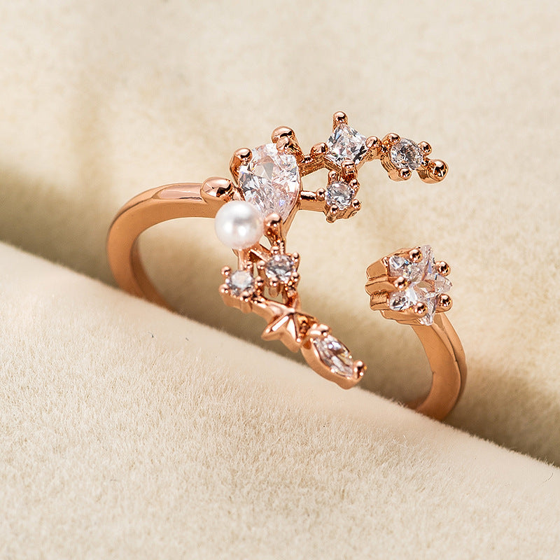 Copper Open Ring With Star And Moon Pentagram Design Gold Plated Adjustable Jewelry For Women With Artificial Gemstones