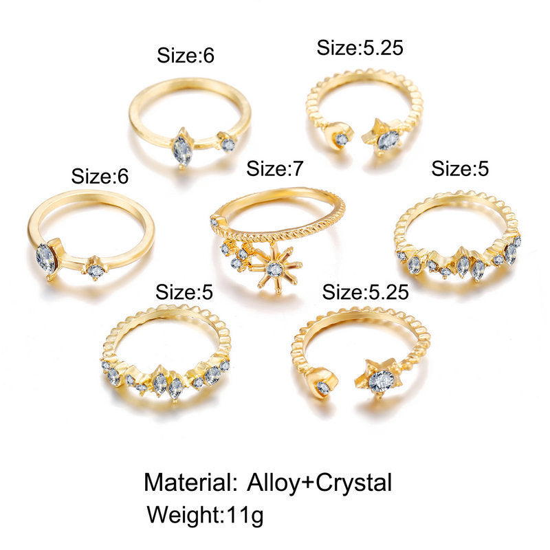 Womens Star Moon Ring Set Seven Piece Diamond Crystal Rings