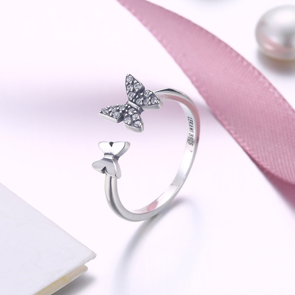 Womens Sterling Silver Butterfly Ring Bracelet Bowknot Zircon Inlays Adjustable European Style Elegant Jewelry