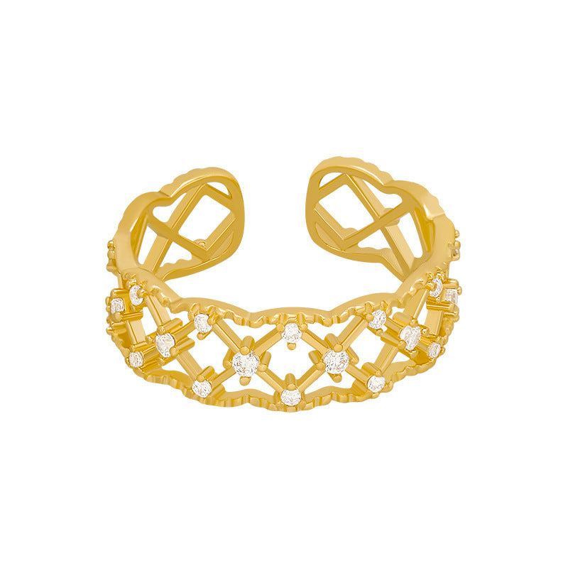 Womens Gold Plated Copper Ring Adjustable Opening With Artificial Gemstones Geometric Design Fashion Jewelry Elegant