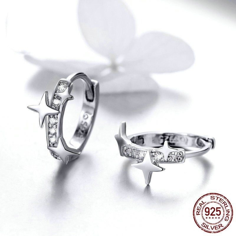 Sterling Silver Star Earrings For Women European American Style Platinum Plated Zircon 925 Silver Packaged Now