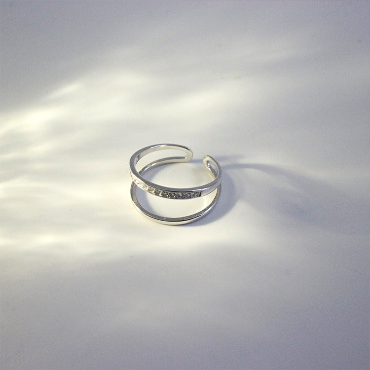 925 Silver Ring For Women Double Line Joint Zircon Inlay Geometric Design Korean Style Micro Inlay Jewelry Gift For Her