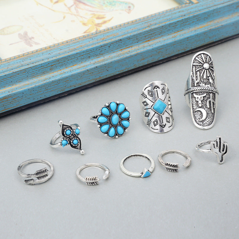 Womens Vintage Carved Geometric Totem Ring Set Turquoise Silver Tone European Style Nine Piece Wide Band Rings