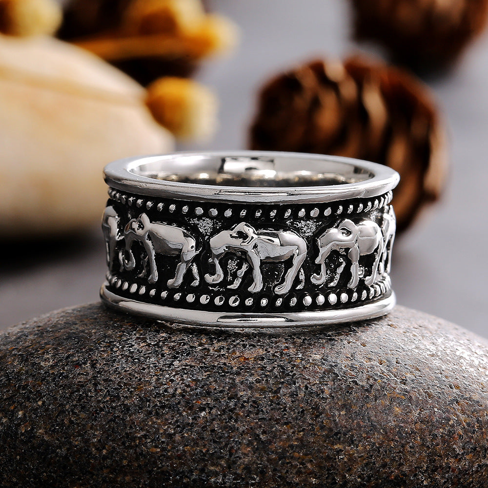 Unisex Elephant Ring Vintage Animal Zodiac Electroplated Alloy White Gold Finish Jewelry For Men Women Everyday Wear