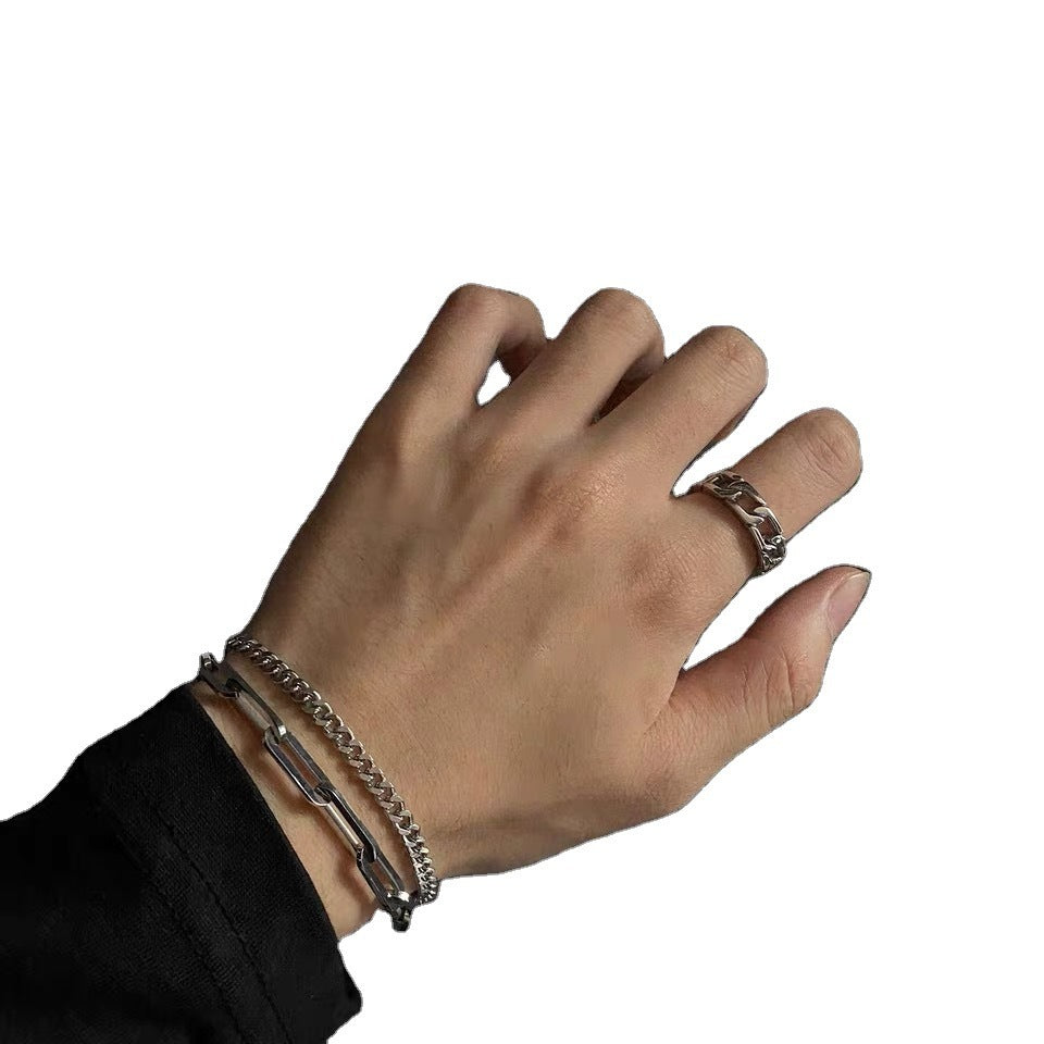 Unisex Titanium Steel Bracelet Double Layer Chain Hip Hop Jewelry Silver Stitching Design Durable Simple Style Material