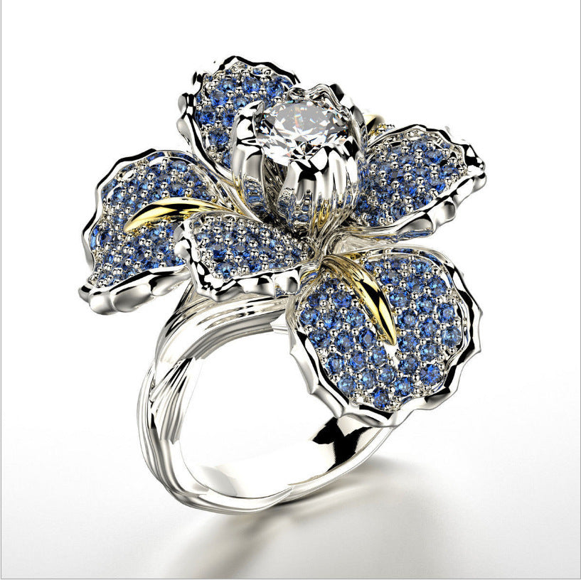Womens Geometrical Alloy Cocktail Ring With Blue Topaz Flower Design Individually Packed Birthday Gift For Her