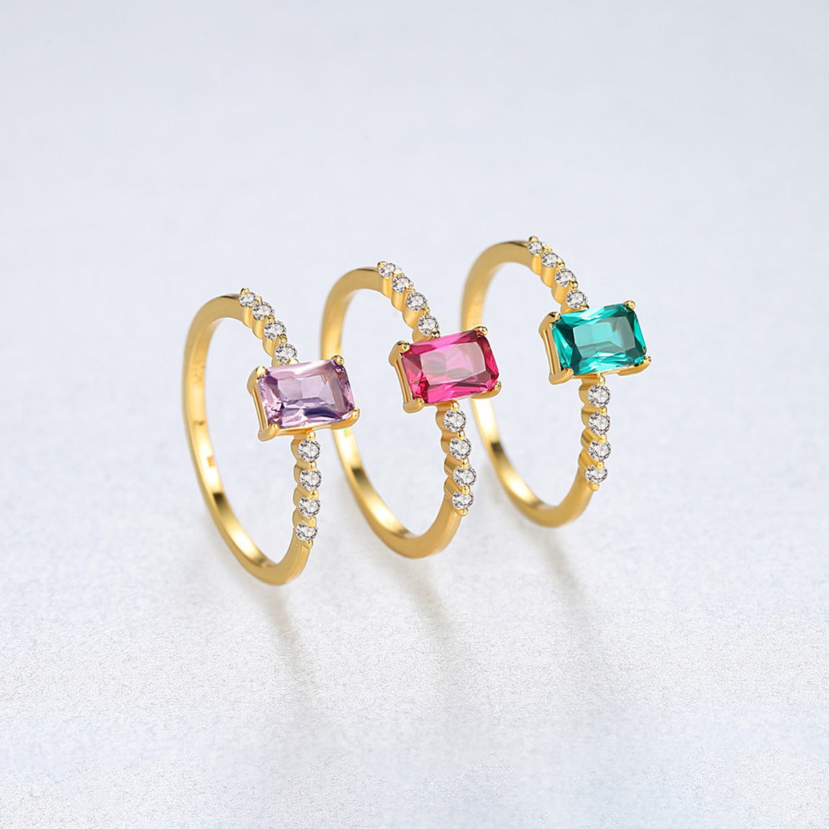 Womens Ring Sterling Silver With Colored Zircon Gems Inlay Silver Simple Geometric Design Electroplated Finish