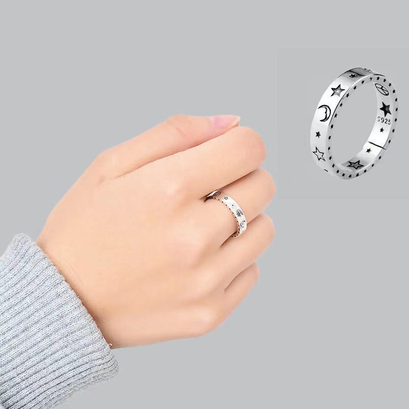 Unisex Open Ring Ancient Silver Alloy Moon And Star Inlaid Gem Stone Korean Style Travel Souvenir Travel Decor