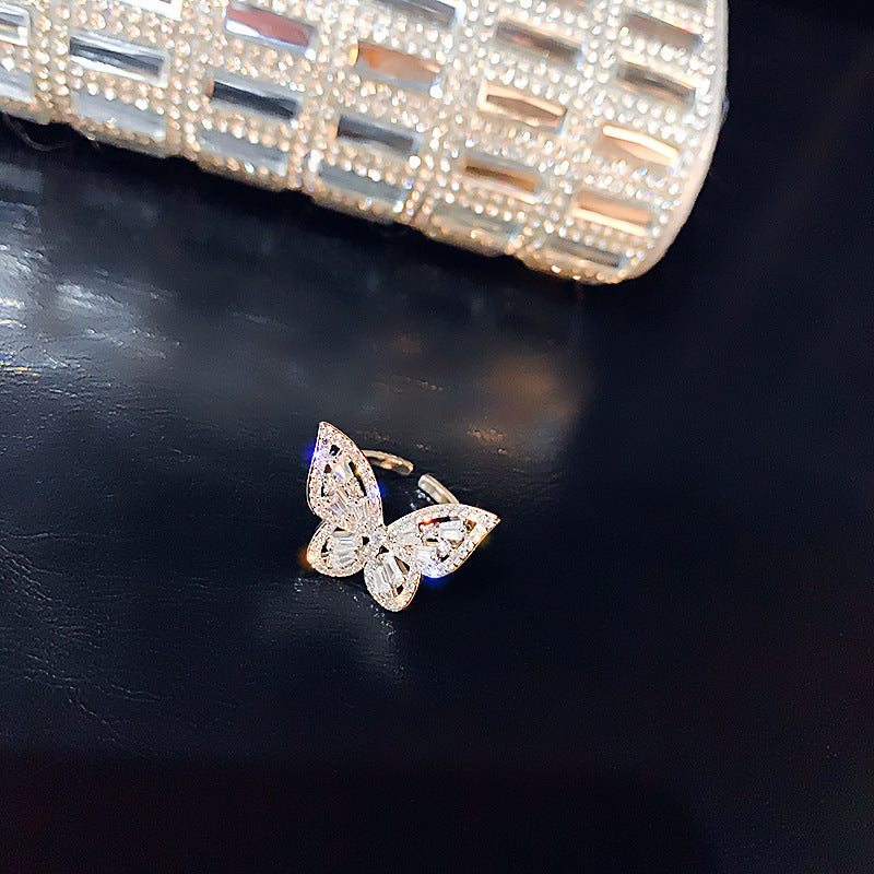 Womens Butterfly Diamond Ring With Diamond Accents Adjustable Alloy Band European American Design Jewelry Gift