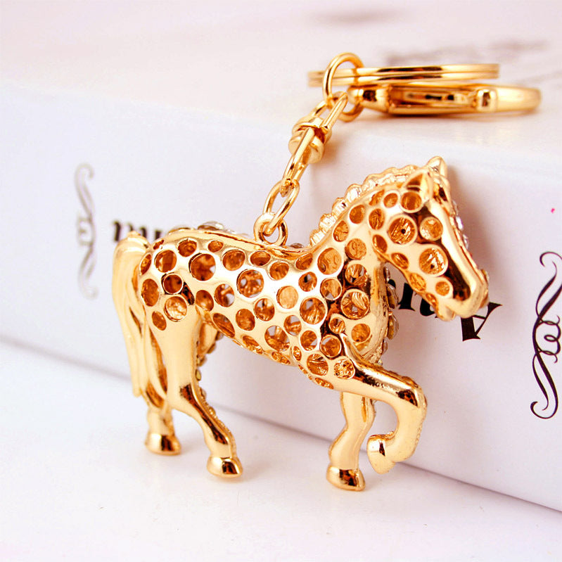 Unisex Pony Keychain Zodiac Horse Keyring Rhinestone Pendant Golden Zinc Alloy Fashion Accessory For Everyday Use