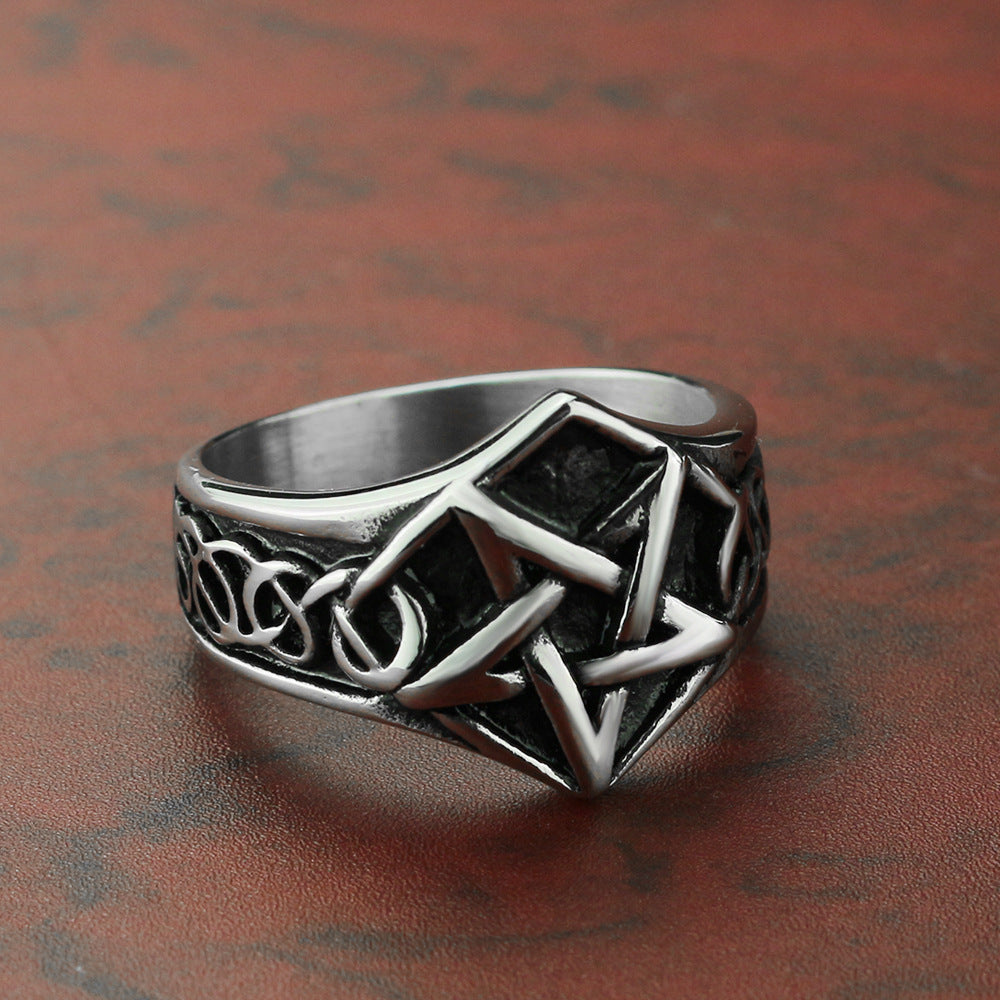 Unisex Titanium Steel Five Pointed Star Viking Ring Vintage Polished Steel Color US Sizes 7 8 9 10 11 12 13 US