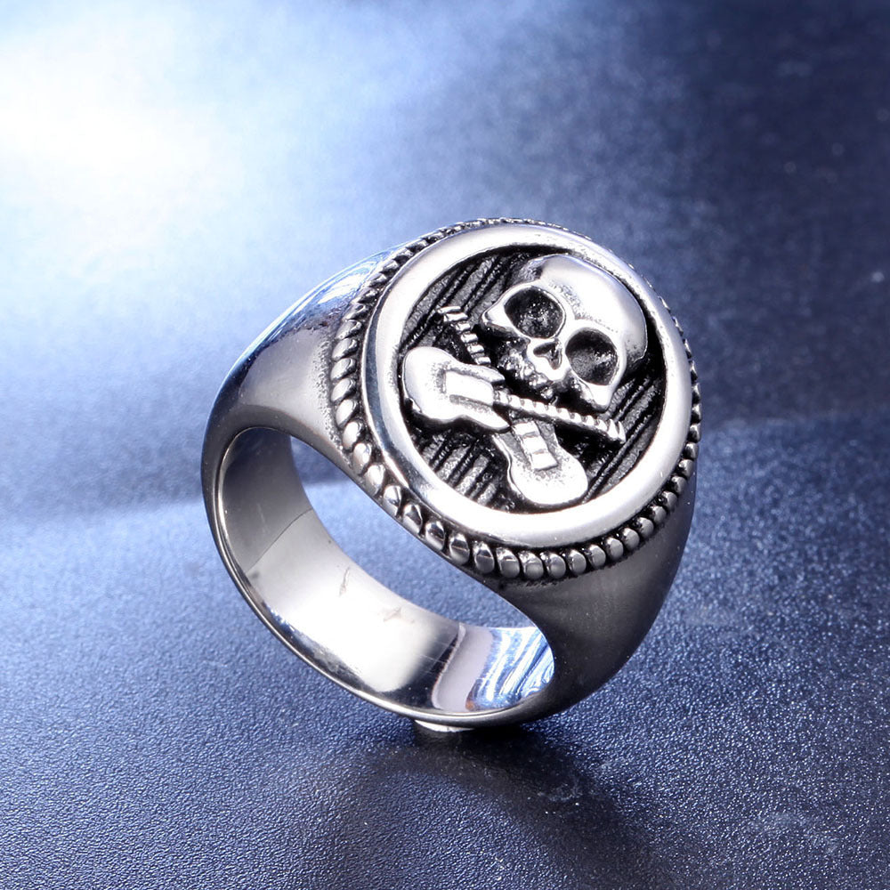 Mens Titanium Skull Ring Vintage Style Guitar Biker Jewelry Polished Casting Style Pro Sizes 7 8 9 10 11 12 13