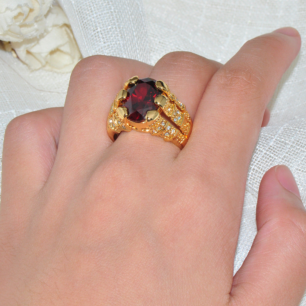 European and American Luxury Garnet Red 6-Claw Zircon Ring