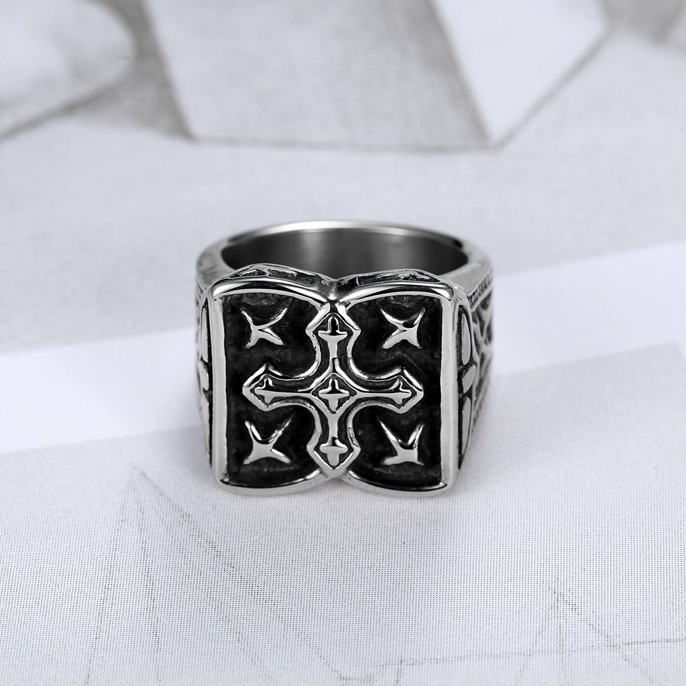 Mens Stainless Steel Ring Vintage Cross Design Steel Color Biker Ring Religious Jewelry Gift for Men