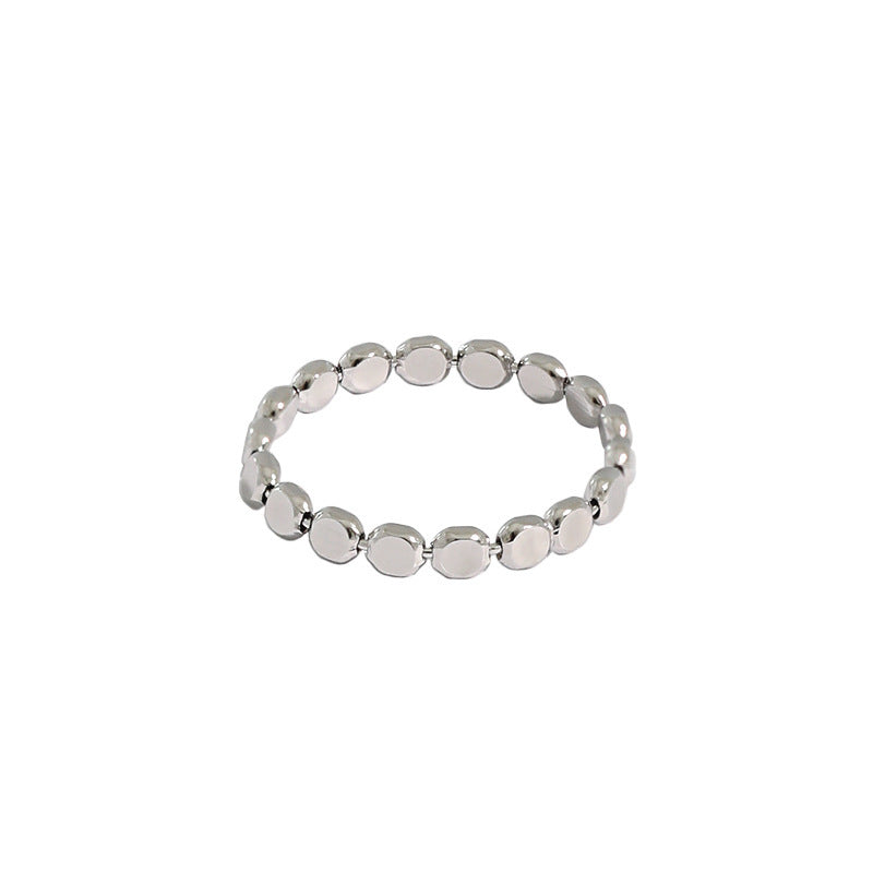 Small Geometric Flat Round Bead Silver Ring For Women S925 White Gold Finish Size 11 13 15 Handcrafted Everyday Wear