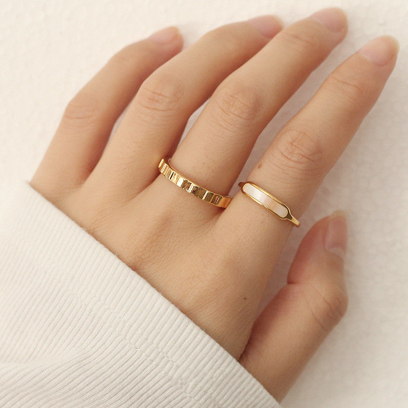 Women Gold Tone Ring With Mother Of Pearl Shell Titanium Steel Durable Fashion Jewelry Gift Sizes 6 7 8 Great Gift